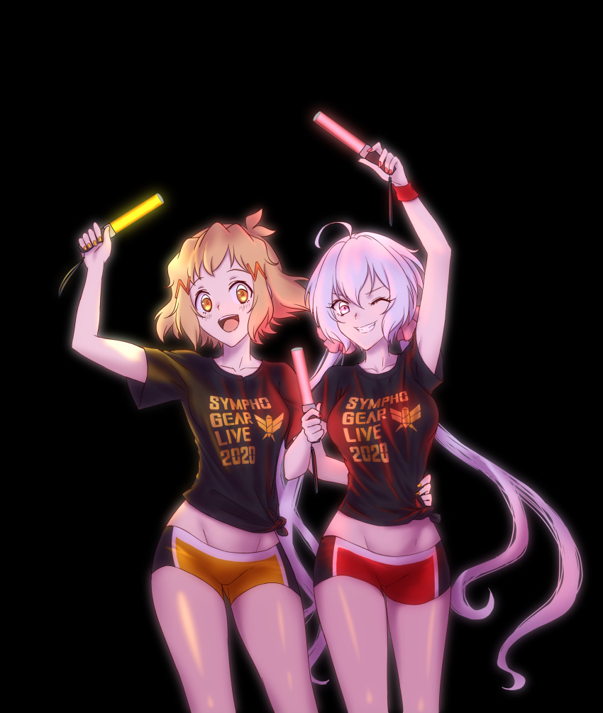 2girls absurdres ahoge axia-chan black_background black_shirt brown_hair english_commentary glowstick hair_ornament hairclip highres holding lavender_hair long_hair looking_at_viewer midriff multiple_girls open_mouth orange_eyes senki_zesshou_symphogear shirt short_hair simple_background smile tachibana_hibiki_(symphogear) violet_eyes yukine_chris