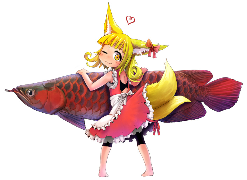 1girl :3 animal animal_ears apron barefoot bike_shorts blonde_hair bow closed_mouth doitsuken dress ear_ribbon eyebrows_visible_through_hair fish fish_request fox_child_(doitsuken) fox_ears fox_tail from_behind full_body heart looking_at_viewer looking_back multiple_tails one_eye_closed original oversized_animal pigeon-toed red_bow red_dress short_eyebrows simple_background smile solo standing tail tail_lift thick_eyebrows two_tails waist_apron white_apron white_background yellow_eyes