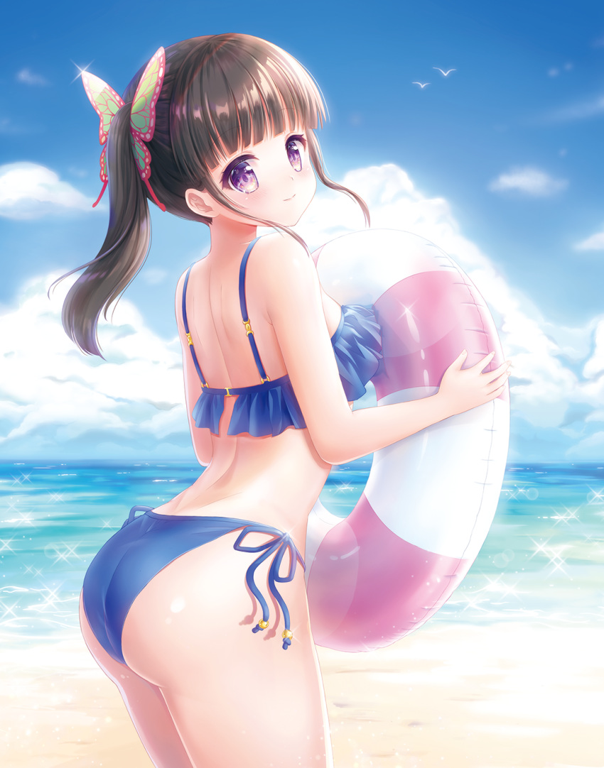 1girl ass beach bikini black_hair blue_bikini blue_sky butterfly_hair_ornament clouds cowboy_shot day frilled_bikini frills hair_ornament highres horizon kimetsu_no_yaiba long_hair looking_at_viewer mugenstudio ocean outdoors side-tie_bikini side_ponytail sky smile solo standing swimsuit tsuyuri_kanao violet_eyes water