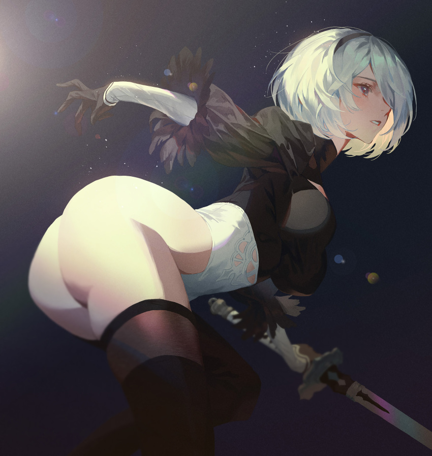 1girl ass black_dress black_hairband blue_eyes boots breasts butt_crack dark_background dress fajyobore323 hairband highleg highleg_leotard highres juliet_sleeves katana leather leather_boots leotard long_sleeves medium_breasts nier_(series) nier_automata no_blindfold puffy_sleeves short_hair silver_hair sword thigh-highs thigh_boots thighhighs_under_boots weapon white_leotard yorha_no._2_type_b