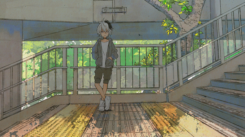 1girl androgynous black_shorts collar commentary expressionless flower_(vocaloid) handrail hands_in_pockets hood hooded_jacket jacket kyuufu leaf leaning_back multicolored_hair outdoors pedestrian_bridge scenery shirt shoes short_hair shorts sneakers stairs standing streaked_hair tactile_paving tree urban v_flower_(vocaloid4) vocaloid white_hair white_shirt wide_shot