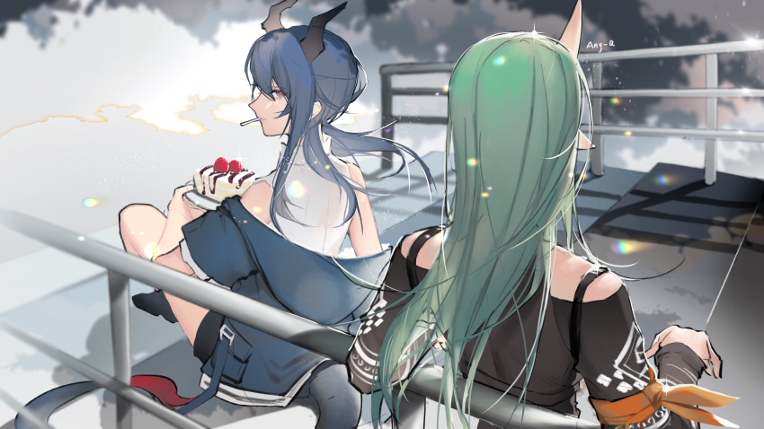 2girls absurdres aniao_ya arknights arm_ribbon arm_scarf bare_shoulders black_footwear black_shorts blue_hair blue_jacket cake ch'en_(arknights) commentary_request dragon_horns dragon_tail food from_behind fruit green_hair highres horns hoshiguma_(arknights) jacket long_hair looking_to_the_side multiple_girls off_shoulder oni_horns pointy_ears railing red_eyes ribbon shirt shorts single_horn sitting sleeveless sleeveless_shirt stairs strawberry tail white_shirt