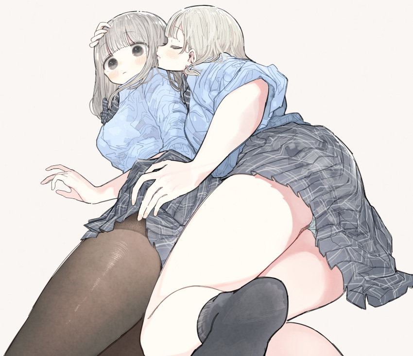 2girls black_legwear blonde_hair blush brown_eyes closed_eyes commentary cuddling fuyuri_(tibirobo) hand_on_another's_head highres light_brown_hair lying multiple_girls on_side original panties panty_peek pantyhose plaid plaid_skirt pleated_skirt school_uniform simple_background skirt socks underwear yuri