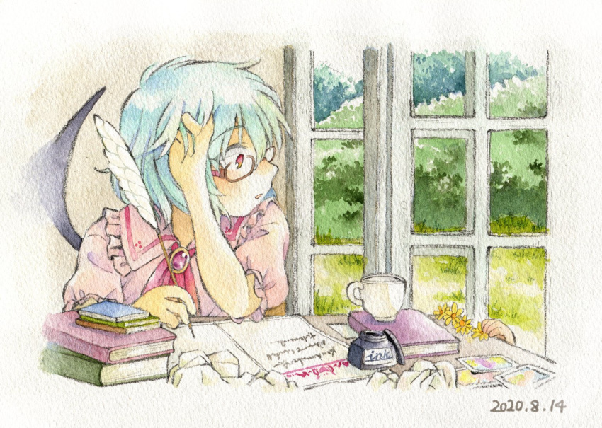 2girls bat_wings bespectacled blue_hair book book_stack brooch commentary_request crumpled_paper cup dated day flower_wreath glasses hand_up hijiki_(hijiri_st) holding holding_quill indoors inkwell jewelry multiple_girls open_mouth parody pink_shirt quill red_eyes red_neckwear remilia_scarlet shirt short_sleeves table teacup tonari_no_totoro touhou traditional_media window wings