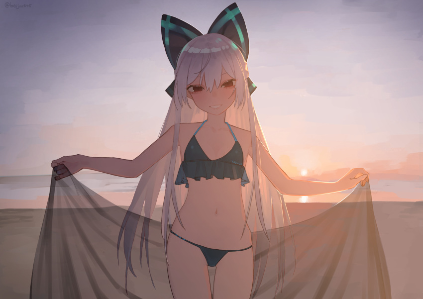 1girl absurdres backlighting beach bikini bow breasts cowboy_shot dusk girls_frontline hair_bow halterneck highres horizon juz long_hair looking_at_viewer navel outdoors outstretched_arms sarong sarong_removed sidelocks silver_hair sky small_breasts smile solo swimsuit tokarev_(girls_frontline) twitter_username very_long_hair