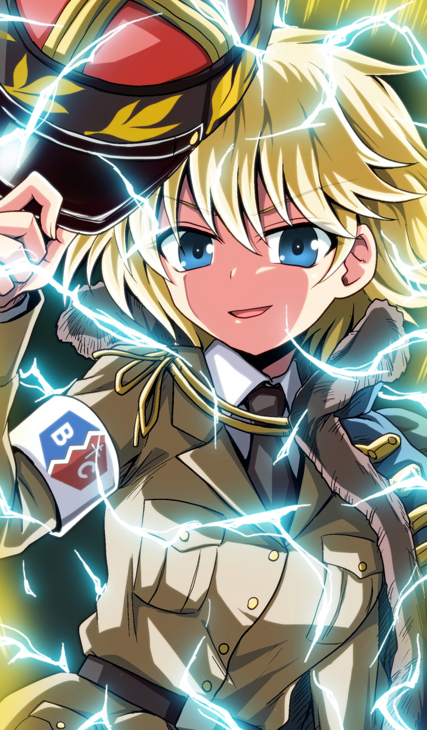 1girl absurdres adjusting_headwear armband asparagus_(girls_und_panzer) aura bc_freedom_(emblem) bc_freedom_military_uniform belt black_belt black_neckwear blonde_hair blue_eyes brown_jacket commentary dragon_ball dragon_ball_z dress_shirt electricity emblem fourragere girls_und_panzer girls_und_panzer_ribbon_no_musha highres jacket jacket_over_shoulder kamishima_kanon kepi long_sleeves looking_at_viewer messy_hair necktie red_headwear shirt sitting smirk smug solo standing super_saiyan super_saiyan_2 white_shirt wing_collar