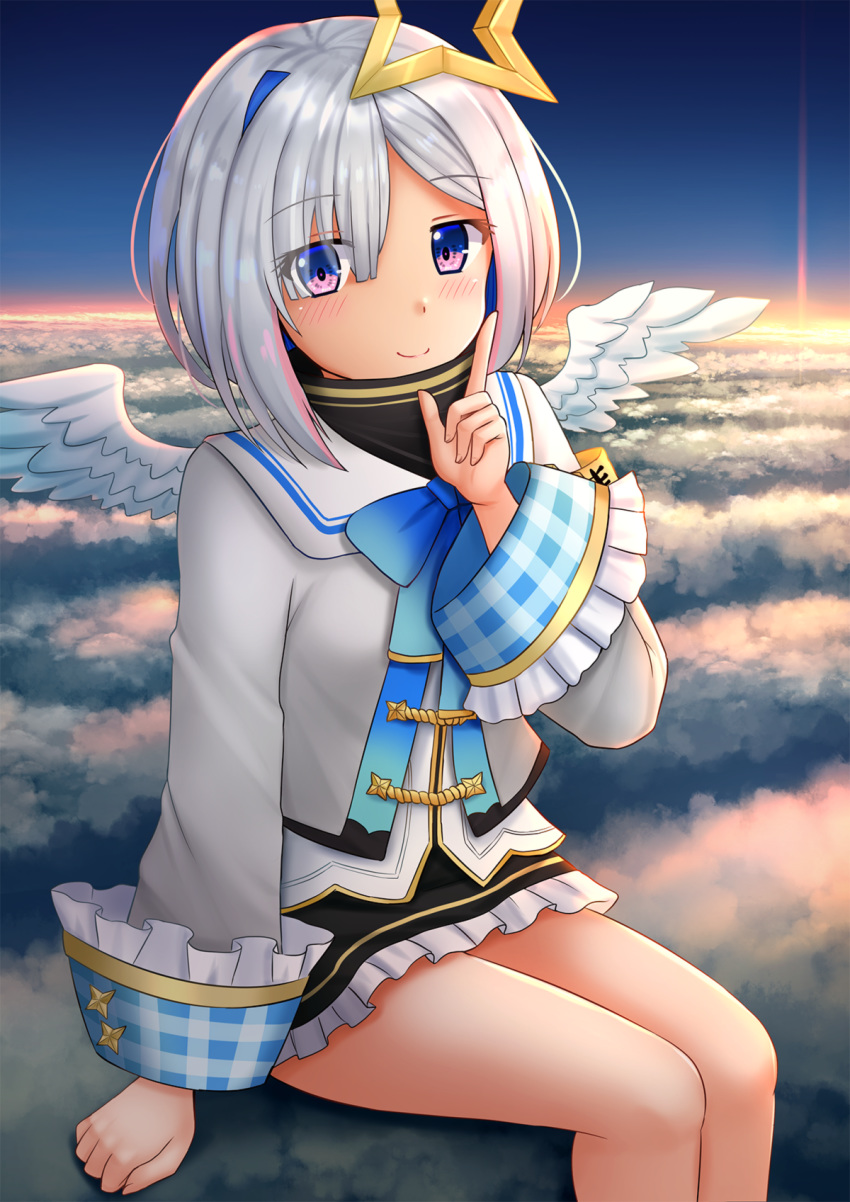 1girl amane_kanata armband bangs black_skirt blue_hair blue_sky blush closed_mouth clouds commentary eyebrows_visible_through_hair eyes_visible_through_hair feathered_wings feet_out_of_frame frilled_skirt frills grey_jacket hair_ornament hair_over_one_eye hand_up highres hololive indoors jacket kazenokaze long_sleeves mini_wings multicolored_hair outdoors plaid shirt silver_hair sitting skirt sky smile solo sunrise two-tone_hair violet_eyes virtual_youtuber white_shirt white_wings wings