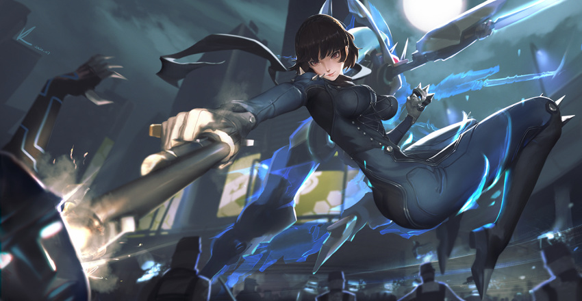 1girl anat_(persona_5) bangs battle biker_clothes black_bodysuit black_hair bodysuit breasts catsuit firing gun handgun holding holding_gun holding_weapon impossible_bodysuit impossible_clothes in_the_face knee_pads medium_breasts muzzle_flash night niijima_makoto persona persona_5 persona_5_the_royal pistol revolver shadow_(persona) short_hair shoulder_spikes solo_focus spiked_kneepads spiked_knuckles spikes vafar7 violet_eyes weapon