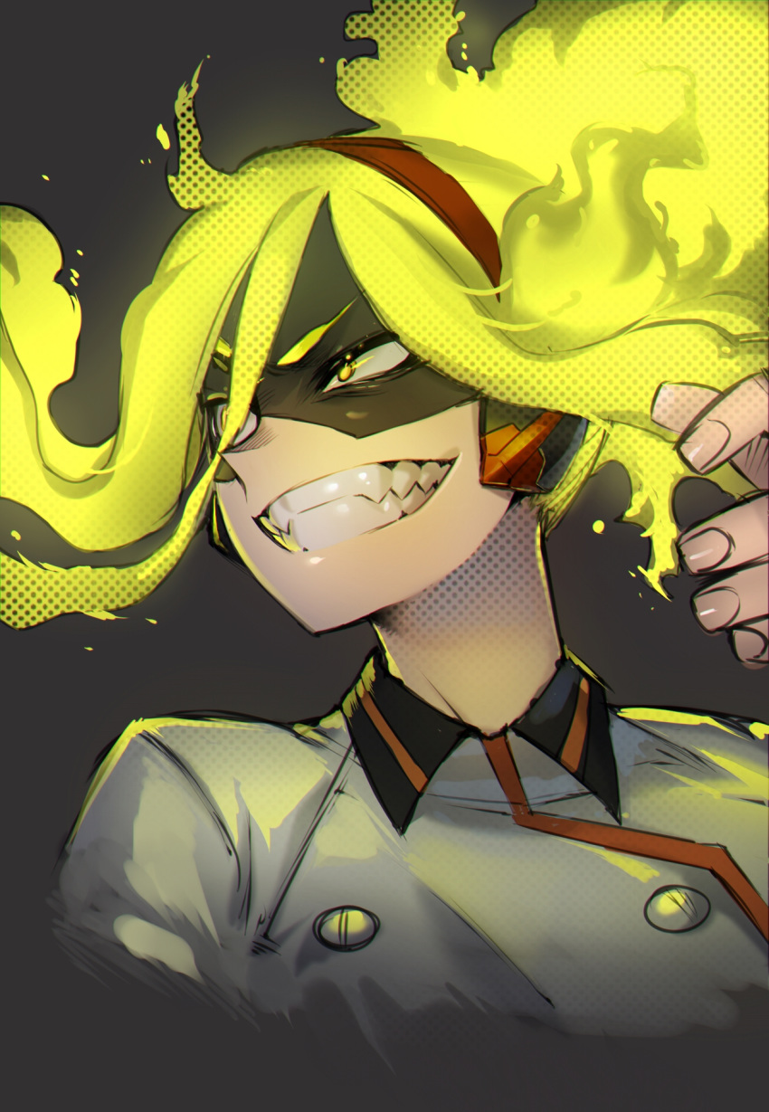 1girl :d black_background blonde_hair boku_no_hero_academia burnin_(boku_no_hero_academia) domino_mask fiery_hair grin hairband highres looking_afar mask mr._skull open_mouth portrait red_hairband smile solo teeth yellow_eyes
