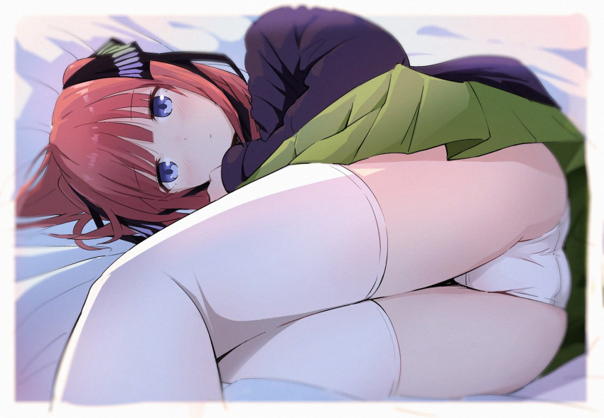 1girl asou_(asabu202) ass bangs bed blue_eyes blunt_bangs blush border eyebrows eyebrows_visible_through_hair go-toubun_no_hanayome green_skirt hair_ornament hair_ribbon highres looking_at_viewer lying nakano_nino on_bed on_side panties plaid plaid_skirt redhead ribbon skirt solo sweater thigh-highs underwear white_border white_legwear white_panties