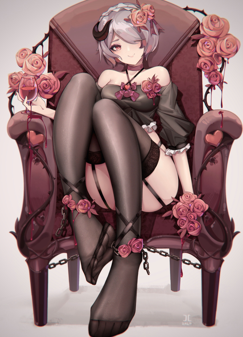 1girl absurdres alcohol artist_logo bangs black_legwear black_shirt blood blush breasts chain chained chair character_request choker commentary_request convenient_leg cup drinking_glass eyelashes feet feet_together flower foreshortening frilled_shirt frills full_body garter_straps hair_flower hair_ornament hair_over_one_eye highres honkai_(series) honkai_impact_3rd horns legs legs_together looking_at_viewer maid_headdress medium_breasts off-shoulder_shirt off_shoulder pantyhose pink_eyes rose senjouhara_nira shiny shiny_clothes shirt short_hair sidelocks silver_hair single_horn sitting smile solo toes wine wine_glass