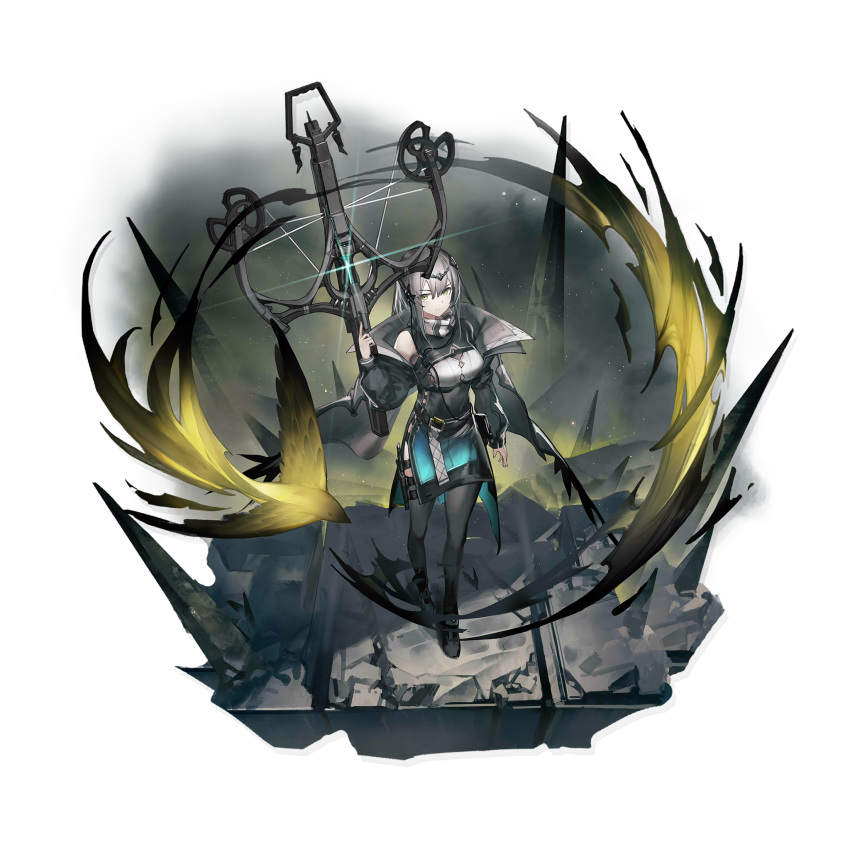 1girl alternate_costume arknights bangs bare_shoulders black_dress black_jacket black_legwear bow_(weapon) breasts crossbow dress full_body grey_eyes grey_hair greythroat_(arknights) hand_up heibaise_jiangshi highres holding holding_bow_(weapon) holding_weapon jacket long_sleeves looking_at_viewer medium_breasts off_shoulder official_art open_clothes open_jacket short_dress short_hair solo standing transparent_background weapon