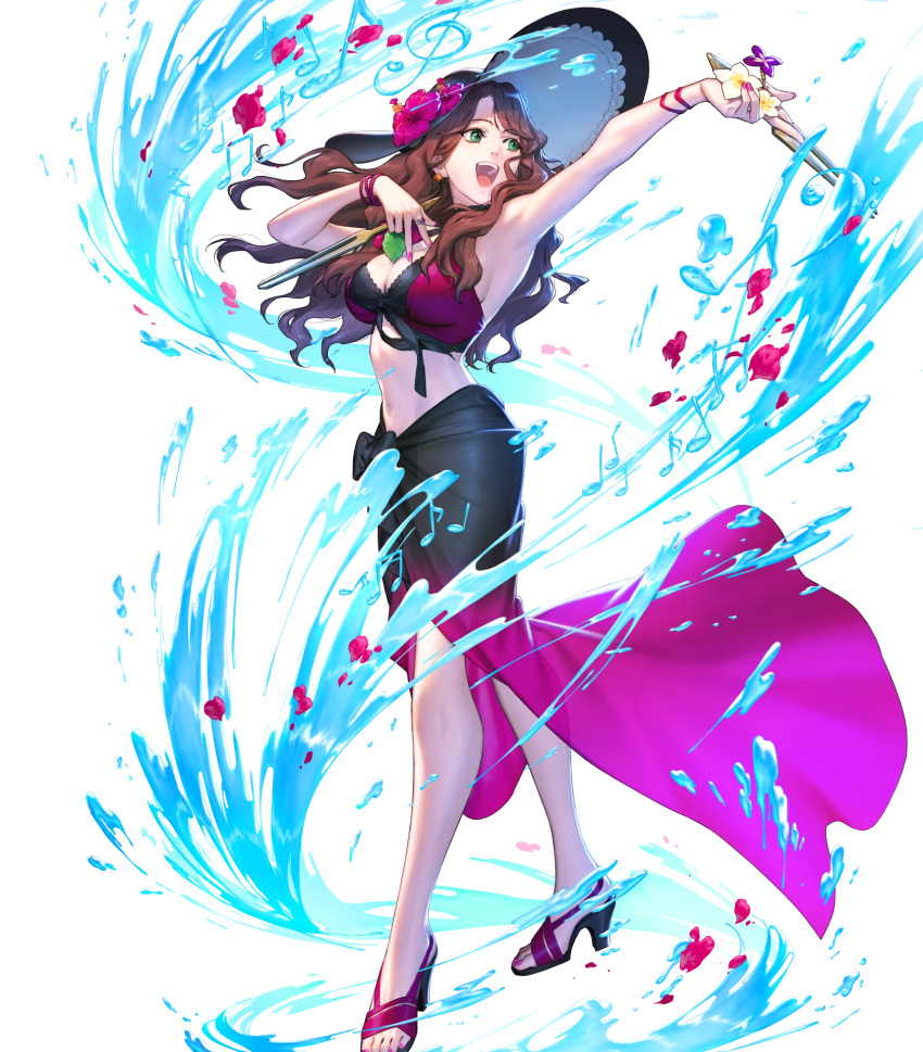 1girl bikini dorothea_arnault fire_emblem fire_emblem:_three_houses fire_emblem:_three_houses fire_emblem_16 fire_emblem_heroes full_body hat highres intelligent_systems musical_note nintendo official_art sandals sarong solo splashing sun_hat super_smash_bros. swimsuit toes transparent_background water