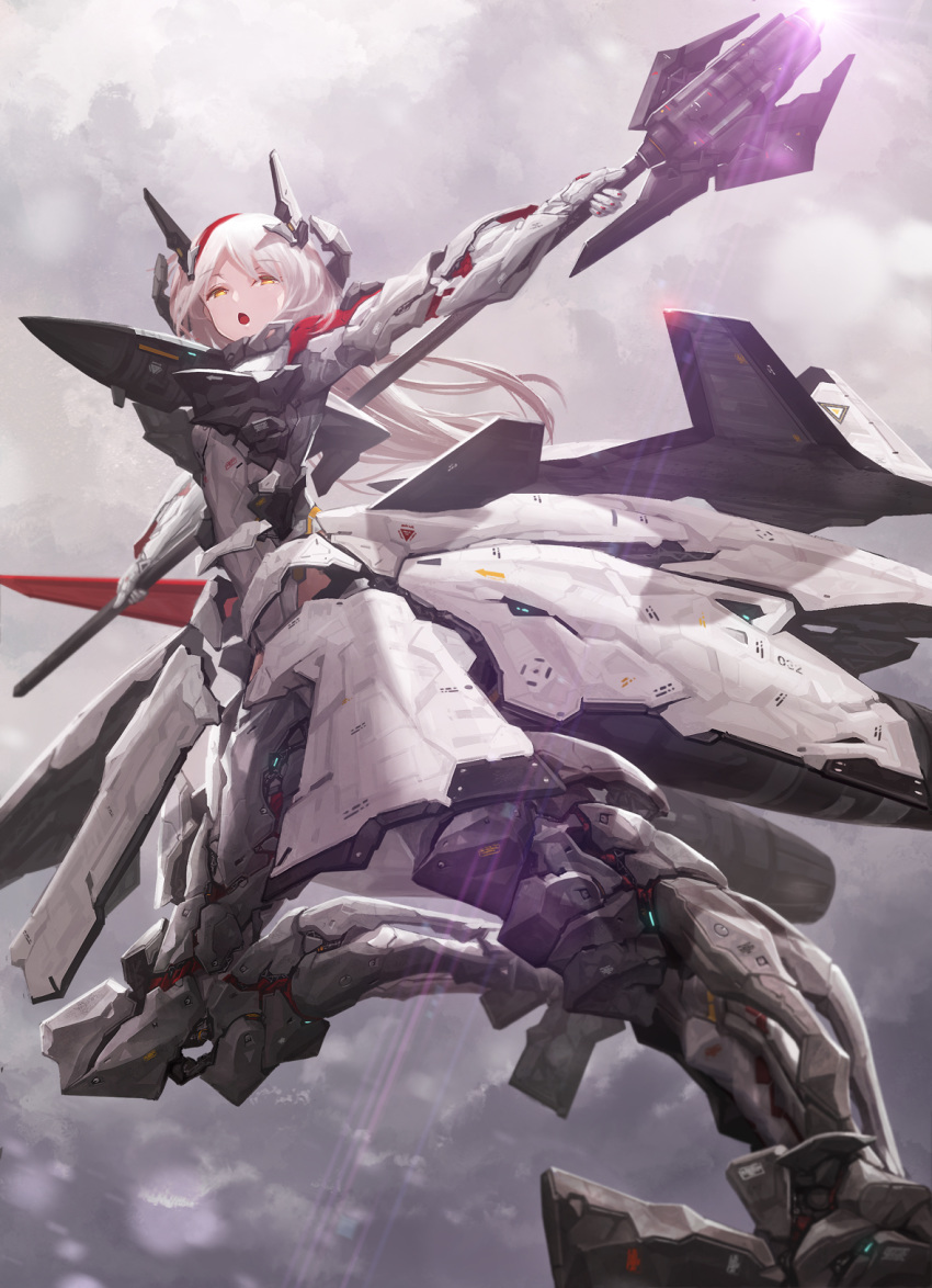 1girl ace_combat ace_combat_zero adfx-02_morgan aircraft airplane chestnut_mouth clouds cloudy_sky commentary_request dual_persona fighter_jet grey_sky grey_theme half-closed_eyes headgear highres holding holding_weapon jet lens_flare light_rays long_hair looking_at_viewer mecha_musume military military_vehicle outdoors outstretched_arms personification polearm_behind_back science_fiction sky solo sunbeam sunlight t-pose tom-neko_(zamudo_akiyuki) weapon white_hair yellow_eyes
