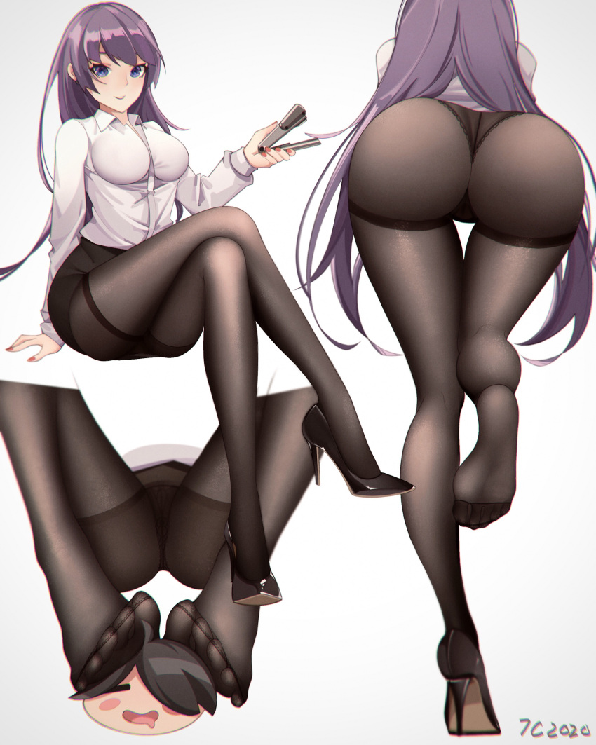 1boy 1girl absurdres araragi_koyomi ass black_footwear black_legwear black_panties black_skirt blue_eyes blush closed_eyes closed_mouth collared_shirt crossed_legs from_behind grey_background high_heels highres long_hair miniskirt monogatari_(series) office_lady open_mouth panties pantyhose pink_nails purple_hair saliva senjougahara_hitagi senjouhara_nira shirt sitting skirt smile stapler thighs toes underwear white_shirt