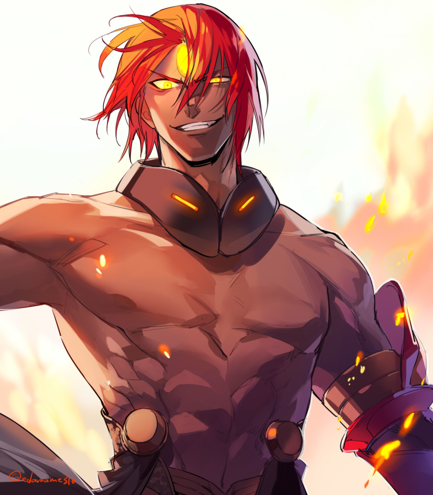 1boy abs ashwatthama_(fate/grand_order) bangs chest dark_skin dark_skinned_male edamameoishii embers fate/grand_order fate_(series) forehead_jewel glowing glowing_eyes glowing_jewelry highres jewelry looking_at_viewer male_focus muscle redhead shiny shiny_hair shirtless smile solo teeth toned toned_male upper_body yellow_eyes