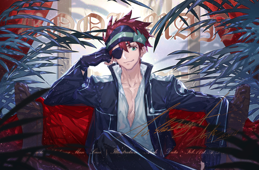 1boy arsh_(thestarwish) black_gloves black_jacket black_pants blurry_foreground closed_mouth crossed_legs d.gray-man dress_shirt eyepatch gloves green_eyes head_rest headband jacket lavi long_sleeves looking_at_viewer male_focus open_clothes open_jacket open_shirt pants redhead shirt sitting smile solo spiky_hair white_shirt