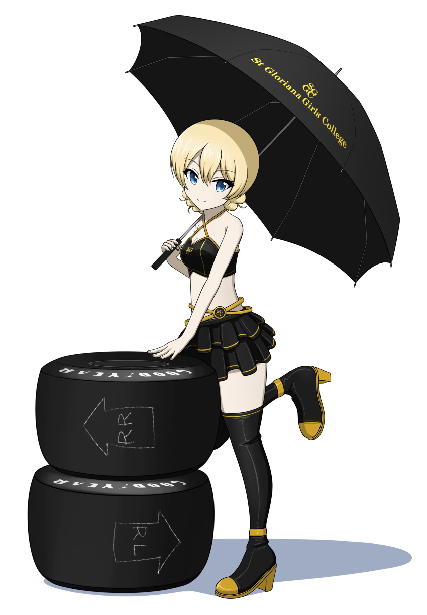 1girl absurdres alternate_costume bangs black_footwear black_shirt black_umbrella blonde_hair blue_eyes boots braid closed_mouth commentary criss-cross_halter crop_top darjeeling_(girls_und_panzer) english_text eyebrows_visible_through_hair frilled_skirt frills girls_und_panzer goodyear halterneck high_heel_boots high_heels highres holding holding_umbrella kano_(nakanotakahiro1029) layered_skirt leg_up logo looking_at_viewer midriff miniskirt orange_belt racequeen shadow shirt short_hair simple_background skirt smile solo standing standing_on_one_leg thigh-highs thigh_boots tied_hair twin_braids umbrella white_background