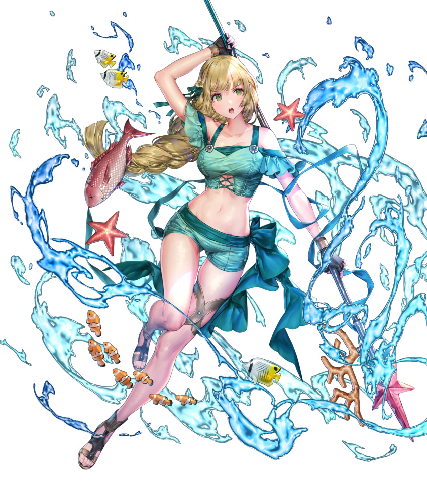 1girl animal bangs bare_shoulders bikini bikini_shorts braid breasts clownfish collarbone fire_emblem fire_emblem:_three_houses fire_emblem_heroes fish full_body green_eyes hair_ornament highres holding holding_weapon ingrid_brandl_galatea long_hair medium_breasts navel official_art open_mouth polearm sandals senchat shorts single_braid solo starfish stomach swimsuit tied_hair toes transparent_background water weapon