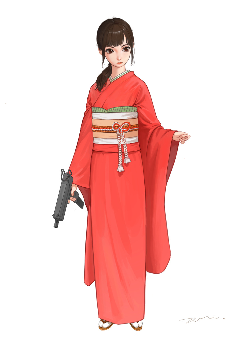 1girl absurdres brown_eyes brown_hair closed_mouth devil_lo gun highres holding holding_gun holding_weapon japanese_clothes kimono long_hair original red_kimono red_lips signature simple_background solo standing weapon white_background