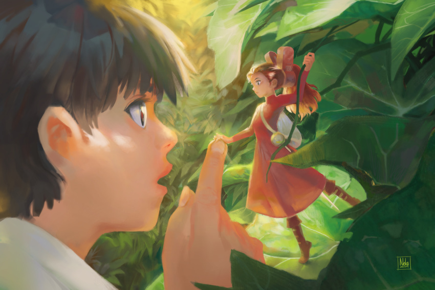 1boy 1girl absurdres arrietty black_hair drawing eye_contact from_side highres huge_filesize karigurashi_no_arrietty long_hair looking_at_another minigirl nham_nguyen open_mouth painterly painting peaceful plant ponytail redhead shou_(karigurashi_no_arrietty) vines