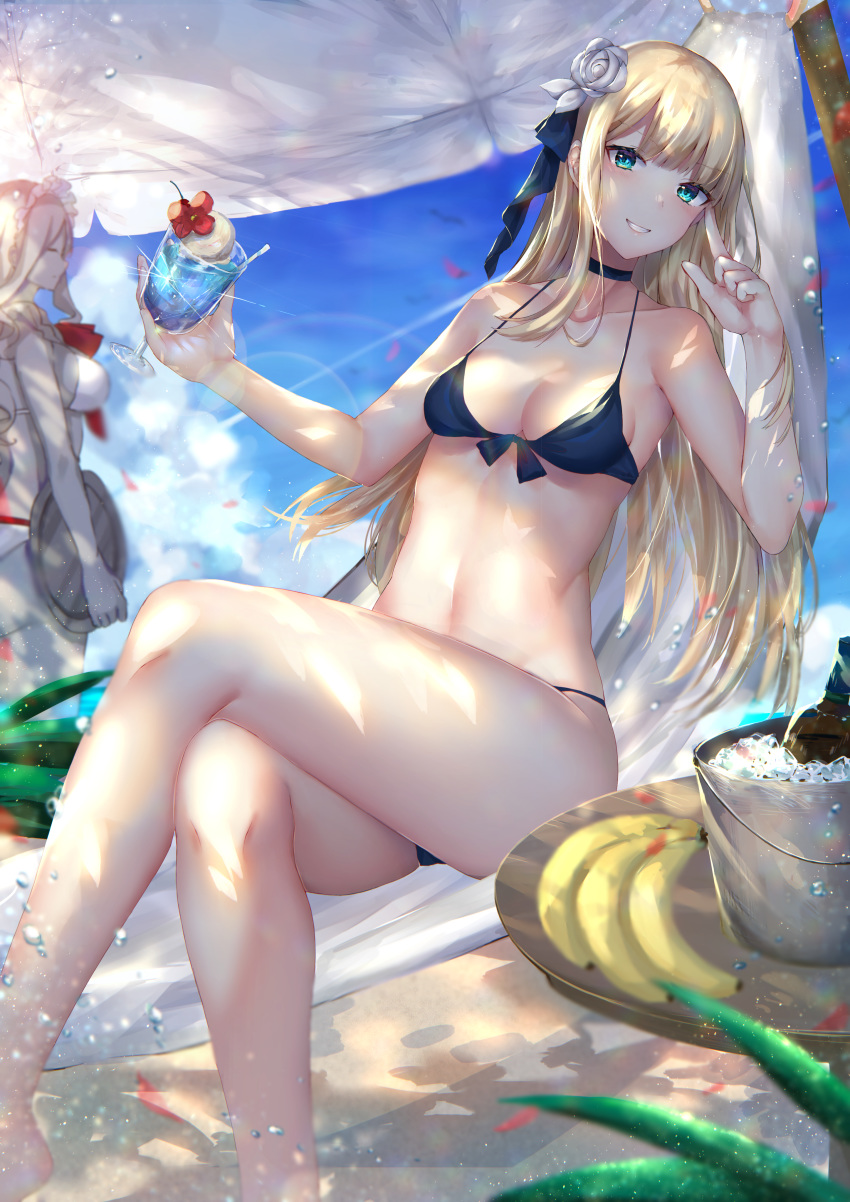 2girls absurdres aqua_eyes banana bangs bare_shoulders bikini blonde_hair blue_bikini blue_ribbon blue_sky blush breasts choker collarbone crossed_legs cup drinking_glass fate/grand_order fate_(series) food fruit golem grey_hair grey_rose grey_skin grin hair_ribbon highres hitomin_(ksws7544) ice_bucket large_breasts legs lens_flare long_hair looking_at_viewer lord_el-melloi_ii_case_files maid_headdress multiple_girls navel reines_el-melloi_archisorte ribbon sitting sky small_breasts smile swimsuit tray trimmau