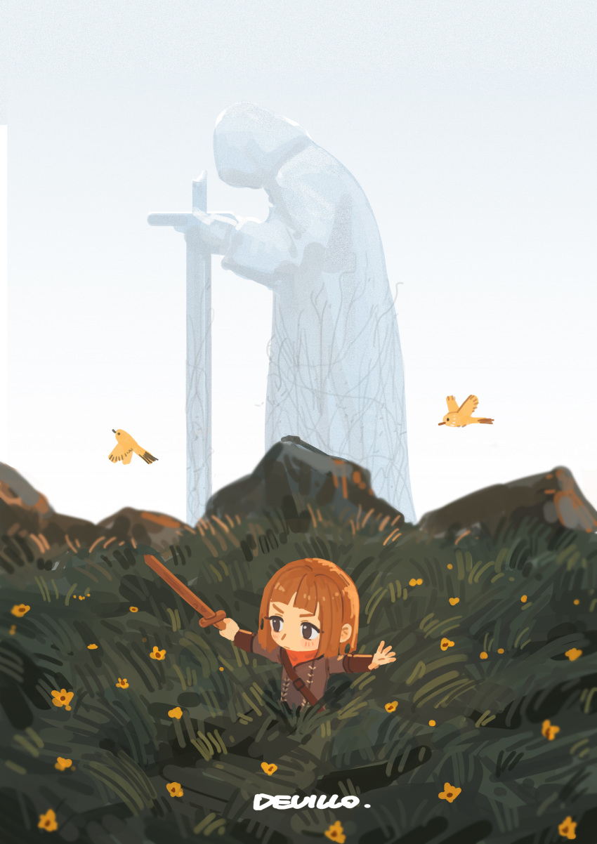 1girl absurdres animal bangs bird blunt_bangs blush broken brown_hair devil_lo flower grass highres holding holding_sword holding_weapon original outdoors plant rock scarf short_hair signature solo statue sword training vines weapon wooden_sword yellow_flower
