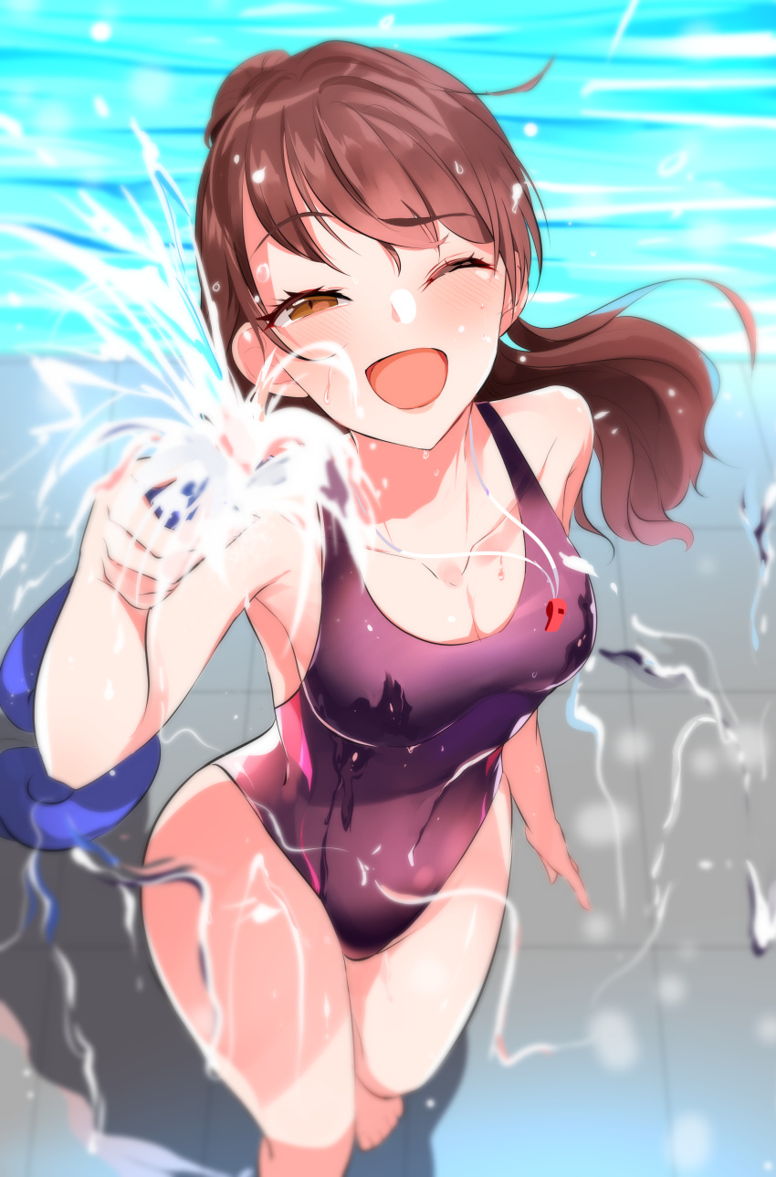 1girl ;d absurdres bangs barefoot blurry blush breasts brown_eyes brown_hair collarbone competition_swimsuit covered_navel depth_of_field dripping eyebrows_visible_through_hair from_above groin half-closed_eye hand_up high_ponytail highres hose long_hair looking_at_viewer looking_up medium_breasts one-piece_swimsuit one_eye_closed open_mouth original ponytail pool poolside purple_swimsuit sideboob smile solo spraying standing swimsuit tile_floor tiles water water_drop wet whistle whistle_around_neck wide_hips witchdalisweet