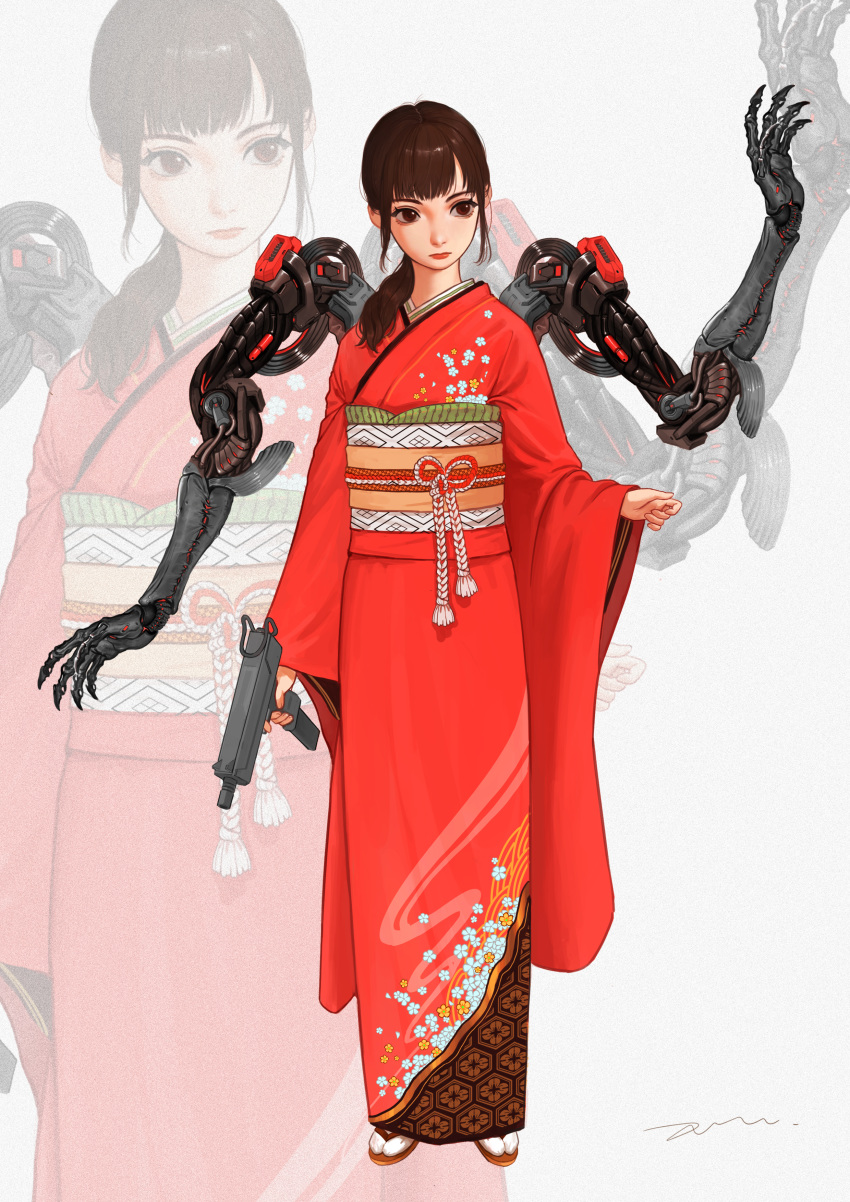1girl absurdres brown_eyes brown_hair closed_mouth devil_lo extra_arms floral_print gun highres holding holding_gun holding_weapon japanese_clothes kimono long_hair mecha_musume mechanical_arm original red_kimono red_lips signature solo standing weapon