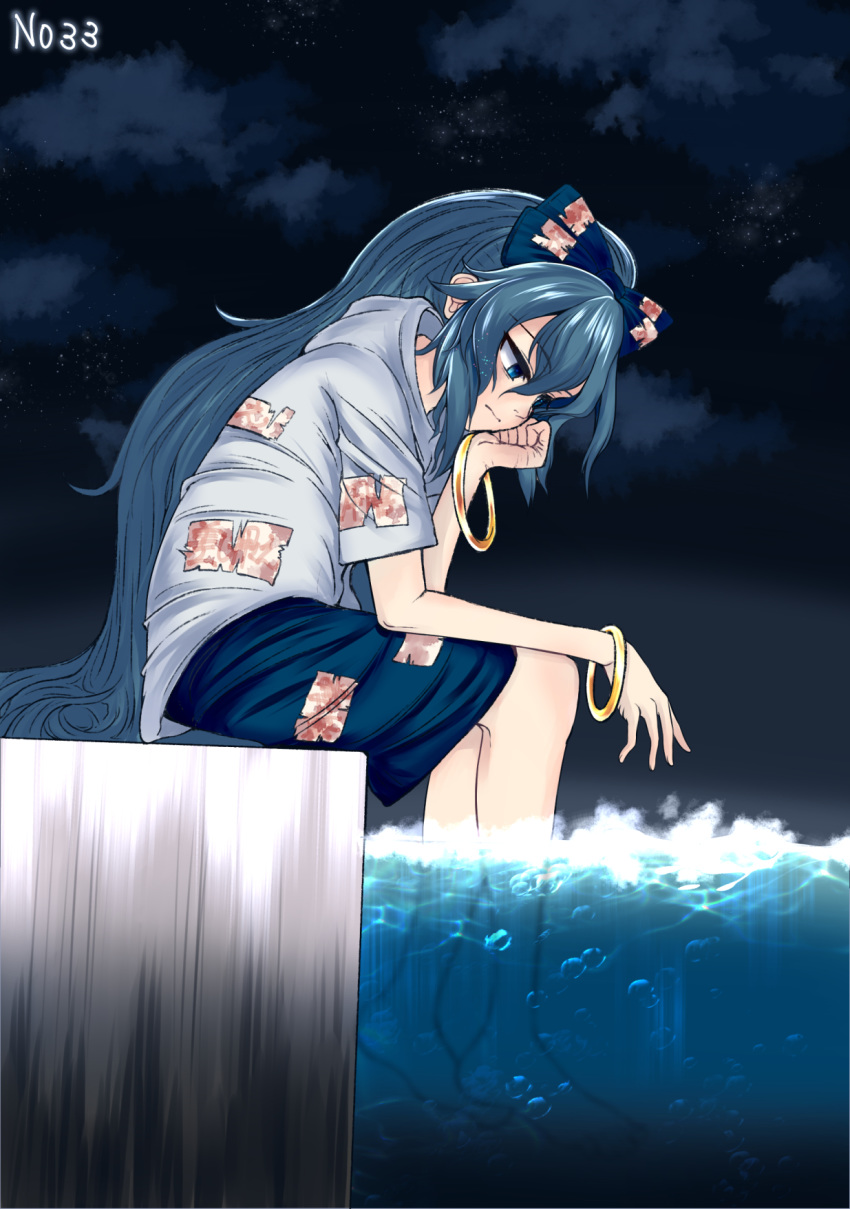 1girl 367gou bangle bangs barefoot blue_eyes blue_hair blue_skirt bracelet bubble chin_rest clouds cloudy_sky commentary debt expressionless eyebrows_visible_through_hair from_side highres hood hoodie jewelry long_hair looking_down night night_sky outdoors poolside sitting skirt sky soaking_feet solo star_(sky) starry_sky touhou very_long_hair water water_surface yorigami_shion