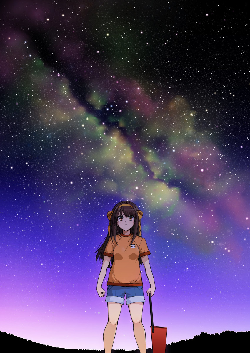 1girl absurdres animal_print bare_legs bear_print brown_eyes brown_hair clenched_hand denim denim_shorts hair_ribbon haruhisky highres long_hair panda_print ribbon short_sleeves shorts sky solo star_(sky) starry_sky suzumiya_haruhi suzumiya_haruhi_no_yuuutsu younger