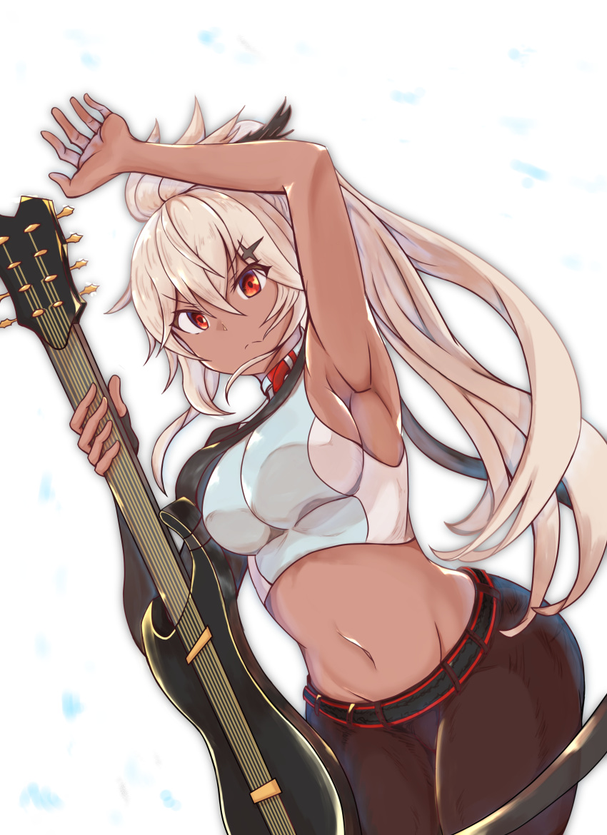 1girl absurdres ahoge alternate_costume alternate_hairstyle arm_up armpits black_pants blue_shirt breasts commentary_request dutch_angle frown granblue_fantasy grey_hair guitar hair_between_eyes highres holding holding_instrument instrument ipon17 large_breasts long_hair midriff navel pants ponytail red_eyes shirt sleeveless sleeveless_shirt solo two-tone_shirt very_long_hair white_background white_shirt zooey_(granblue_fantasy)