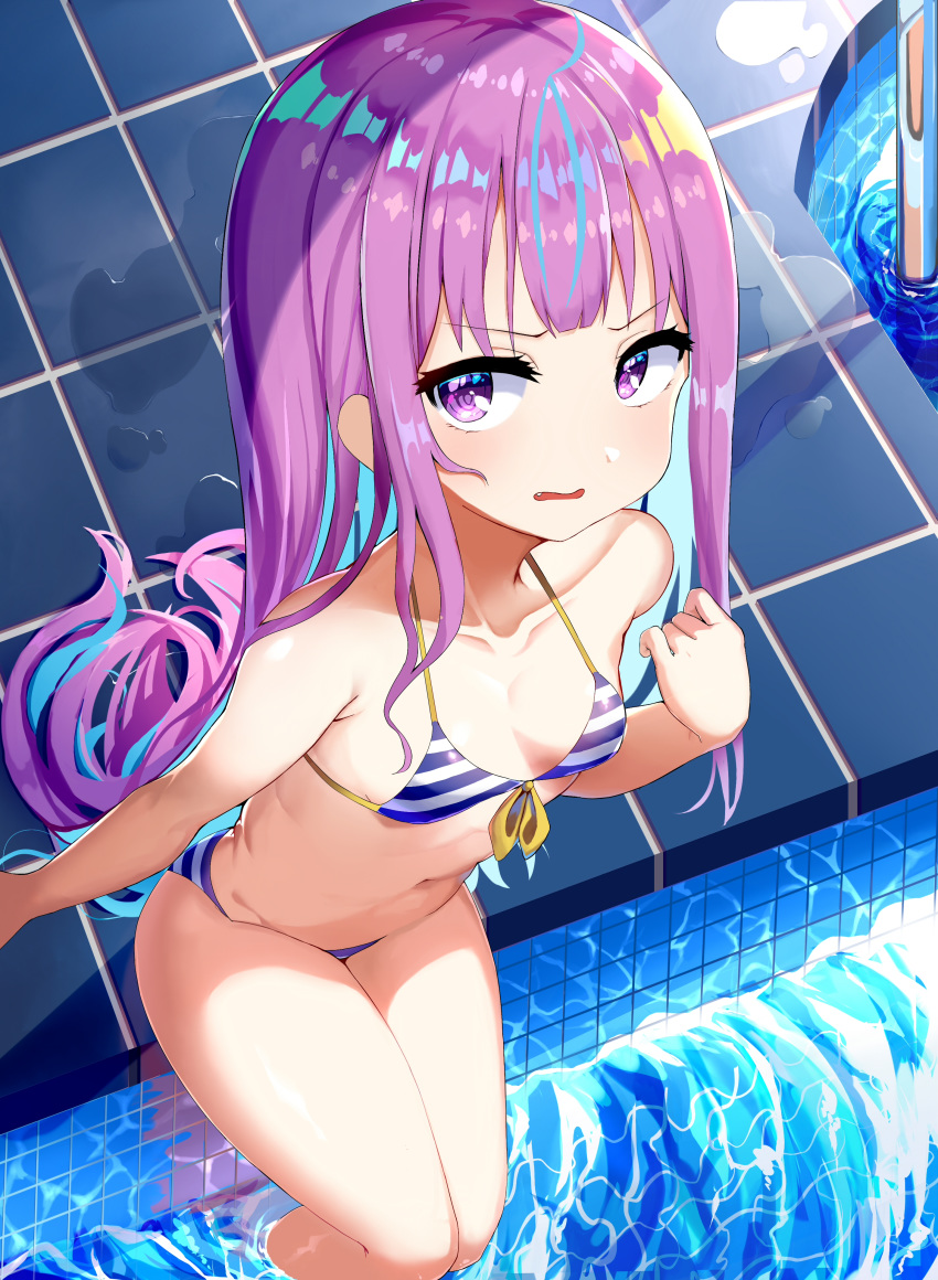 1girl absurdres bare_arms bare_shoulders bikini blue_bikini blue_hair breasts collarbone fang front-tie_bikini front-tie_top highres hololive long_hair looking_at_viewer minato_aqua multicolored_hair parted_lips poolside purple_hair sitting small_breasts solo string_bikini striped striped_bikini swimsuit trap_(drthumt) two-tone_hair very_long_hair violet_eyes virtual_youtuber water