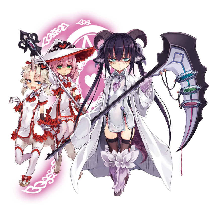 3girls :d alternate_costume animal_ears baphomet_(monster_girl_encyclopedia) blonde_hair blue_eyes breasts brown_legwear centaur character_request closed_mouth coat demon_girl dress dripping enty_reward green_eyes hat heart highres holding holding_scythe holding_weapon hooves horns horse_ears jitome kenkou_cross labcoat long_hair long_sleeves looking_at_viewer magic_circle monster_girl_encyclopedia multiple_girls official_art open_mouth paid_reward paws pink_hair purple_hair scythe simple_background single_horn small_breasts smile thigh-highs twintails unicorn_(monster_girl_encyclopedia) very_long_hair weapon white_background white_coat white_dress white_headwear witch_hat