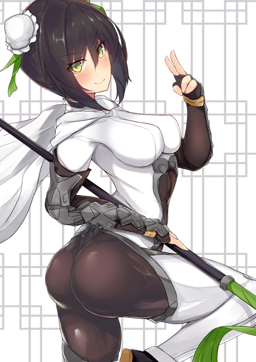 1girl absurdres arm_guards ass bangs black_gloves black_hair blush bodysuit breasts brown_bodysuit bun_cover cape closed_mouth double_bun elbow_gloves fate/grand_order fate_(series) fingerless_gloves gloves green_eyes green_ribbon hair_between_eyes hair_ribbon highres large_breasts long_hair looking_at_viewer nanakaku polearm qin_liangyu_(fate) ribbon sidelocks skin_tight smile spear thighs v weapon white_bodysuit white_cape