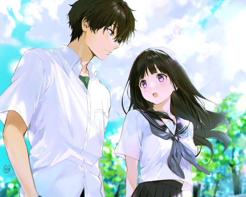 1boy 1girl :o bangs black_hair black_skirt blouse blue_sailor_collar blue_sky blush brown_hair chitanda_eru closed_mouth clouds cloudy_sky collar collared_shirt day green_eyes hair_between_eyes highres hyouka kamiyama_high_school_uniform long_hair looking_at_another mery_(yangmalgage) open_mouth oreki_houtarou outdoors pocket sailor_collar school_uniform serafuku shirt short_sleeves signature skirt sky standing talking tree uniform upper_body violet_eyes white_shirt