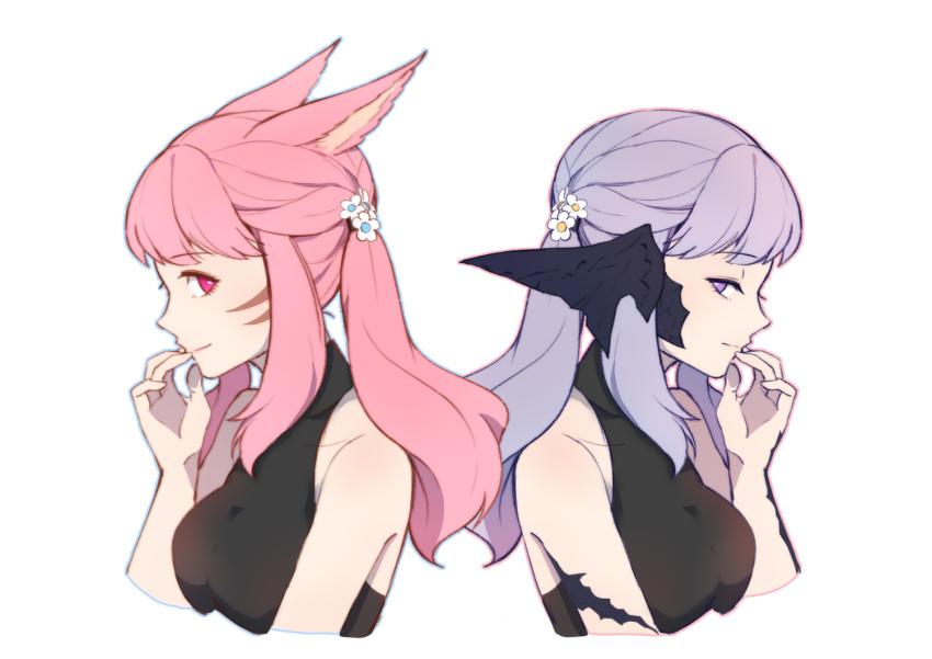 2girls animal_ears au_ra bangs cat_ears dragon_horns facial_mark final_fantasy final_fantasy_xiv halter_top halterneck hand_to_own_mouth horns long_hair lyra-kotto miqo'te multiple_girls pink_eyes pink_hair profile purple_hair scales twintails upper_body violet_eyes whisker_markings white_background