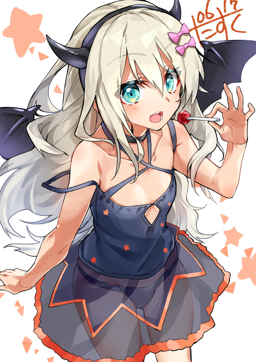 1girl absurdres artist_name black_dress black_panties blonde_hair blush bow candy collarbone cowboy_shot dated demon_horns demon_wings dress eyebrows_visible_through_hair food grecale_(kantai_collection) green_eyes hair_between_eyes hair_bow highres holding_lollipop horns kantai_collection lollipop narumiya_(empty_cafe) open_mouth panties pink_bow see-through signature sleeveless sleeveless_dress solo underwear white_background wings