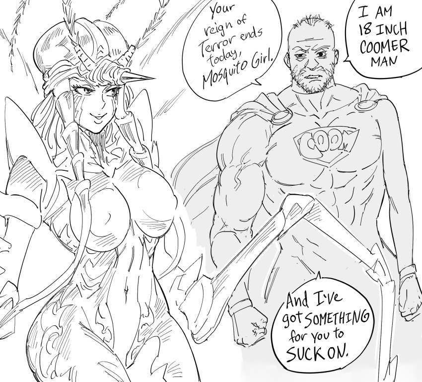 1boy 1girl antennae bags_under_eyes bangs bb_(baalbuddy) beard blunt_bangs breasts cape commentary coomer cosplay cowboy_shot english_commentary english_text facial_hair greyscale highres horns large_breasts monochrome monster_girl mosquito_girl mosquito_musume navel one-punch_man original parody single_horn smile standing superman superman_(cosplay) wojak