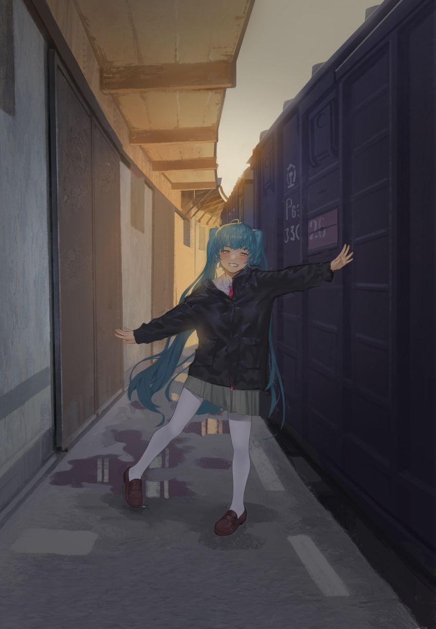 1girl absurdres aqua_hair black_coat brown_footwear coat green_skirt grin half-closed_eyes hatsune_miku highres loafers long_sleeves pantyhose school_uniform shoes skirt smile solo vocaloid white_legwear yellow_eyes yurayura