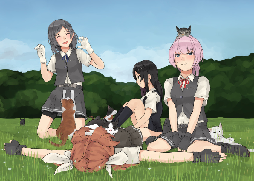 4girls animal bangs bike_shorts black_gloves black_hair black_legwear blush brown_hair cat closed_eyes closed_mouth day fingerless_gloves gloves grass grey_hair hair_ribbon highres kagerou_(kantai_collection) kantai_collection kneehighs kneeling kuroshio_(kantai_collection) long_hair lying multiple_girls nakano_kiho outdoors oyashio_(kantai_collection) pink_hair ponytail remodel_(kantai_collection) ribbon shiranui_(kantai_collection) shirt short_hair short_sleeves shorts shorts_under_skirt sitting skirt smile sweat twintails vest wavy_mouth white_gloves white_shirt