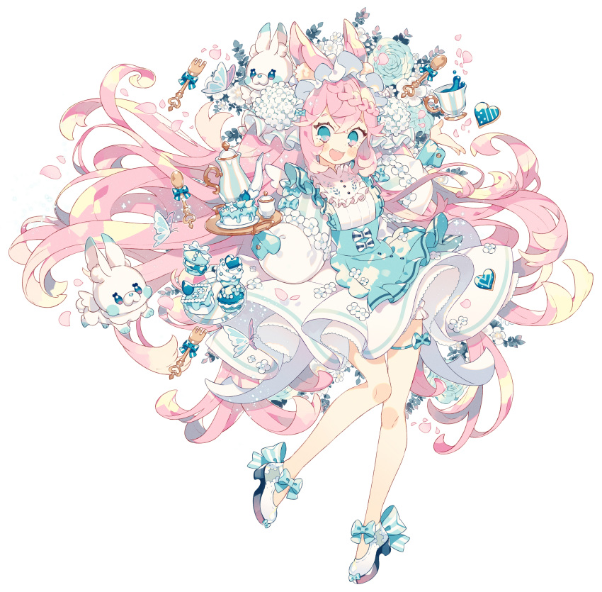 1girl absurdres animal animal_ears blue_butterfly blue_skirt bow braid cup dress flower food fork full_body heart highres holding holding_tray long_hair macaron original pink_hair puffy_sleeves rabbit skirt solo spoon standing teapot thigh_strap tray very_long_hair wakanagi_eku white_background white_footwear wrist_cuffs