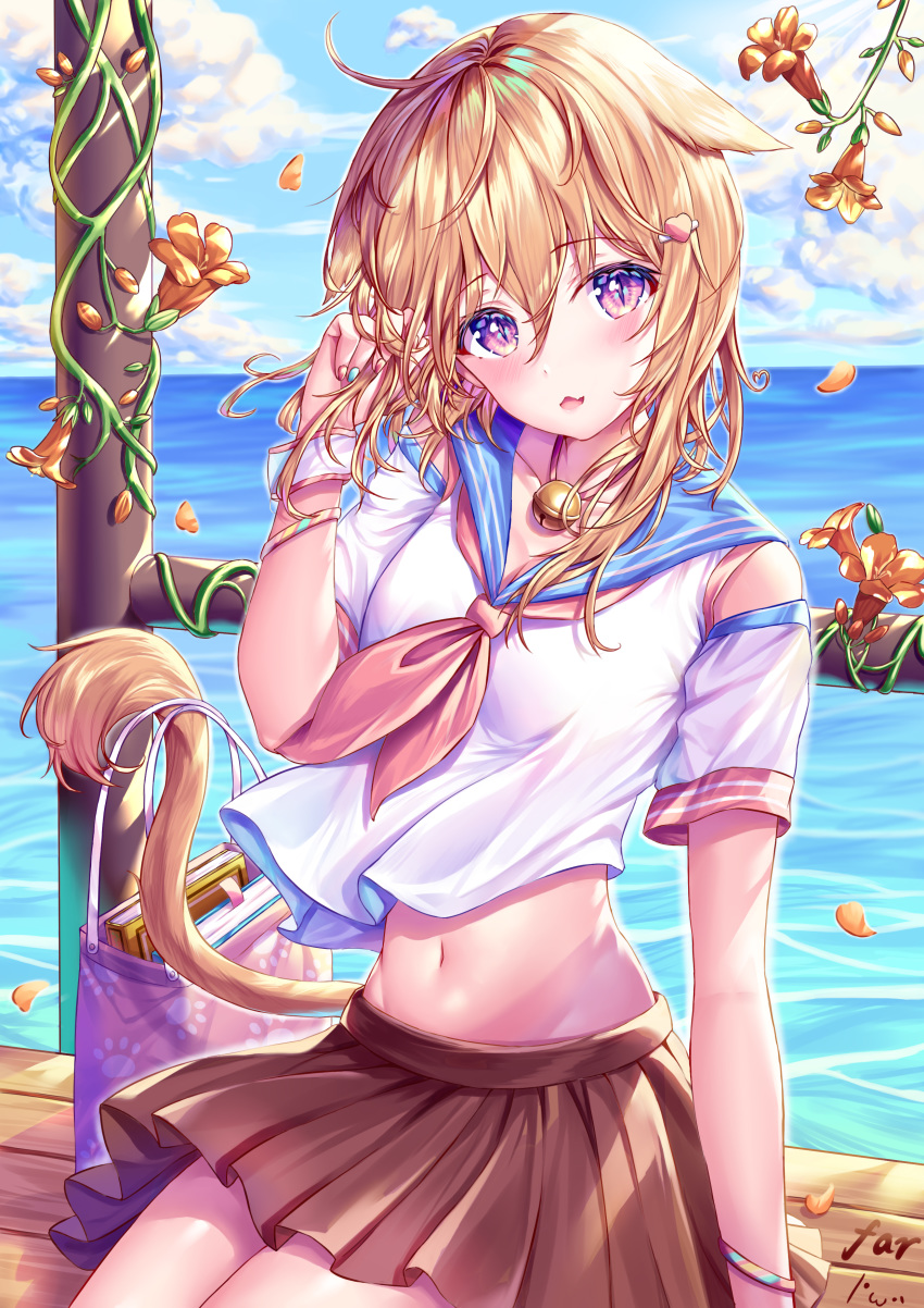 1girl absurdres animal_ears arm_support bag bangs blonde_hair blue_sailor_collar blue_sky blush bracelet breasts brown_neckwear brown_skirt cat_ears cat_girl cat_tail chinese_commentary clouds collarbone commentary_request cowboy_shot crop_top day english_commentary eyebrows_visible_through_hair fang flower groin hair_between_eyes hand_up highres jewelry looking_at_viewer medium_breasts medium_hair midriff mixed-language_commentary multicolored multicolored_nails navel neckerchief ocean original parted_lips pleated_skirt sailor_collar school_uniform serafuku shopping_bag short_sleeves shoulder_cutout sidelocks signature sitting skin_fang skirt sky slit_pupils solo sugi_(far-) tail violet_eyes white_serafuku wrist_cuffs