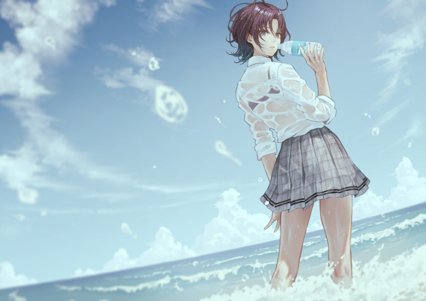 1girl asakura_tooru bangs bare_legs black_bra black_hair blue_eyes blue_hair blue_sky blurry blurry_foreground bottle bra commentary_request day depth_of_field eyebrows_visible_through_hair feet_out_of_frame from_behind gradient_hair grey_skirt holding holding_bottle idolmaster idolmaster_shiny_colors long_sleeves looking_at_viewer looking_back miniskirt multicolored_hair ocean outdoors parted_bangs parted_lips pink_lips plaid plaid_skirt pleated_skirt see-through shirt short_hair skirt sky smile solo standing underwear wading water water_bottle water_drop wet wet_clothes wet_shirt white_shirt yasukura_(shibu11)