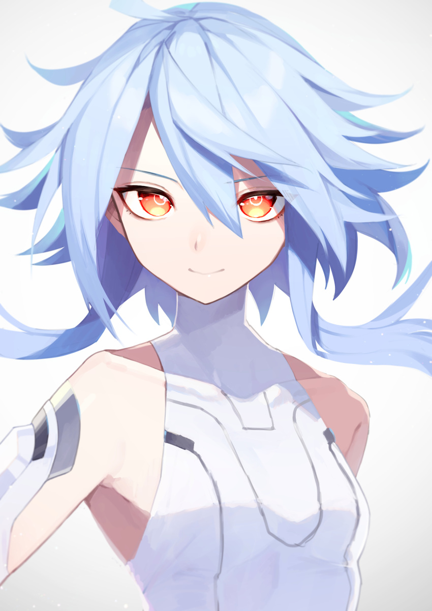 1girl absurdres bare_shoulders blue_hair breasts buran_buta hair_between_eyes highres leotard looking_at_viewer neptune_(series) power_symbol red_eyes short_hair_with_long_locks small_breasts smile solo symbol-shaped_pupils upper_body white_heart white_leotard