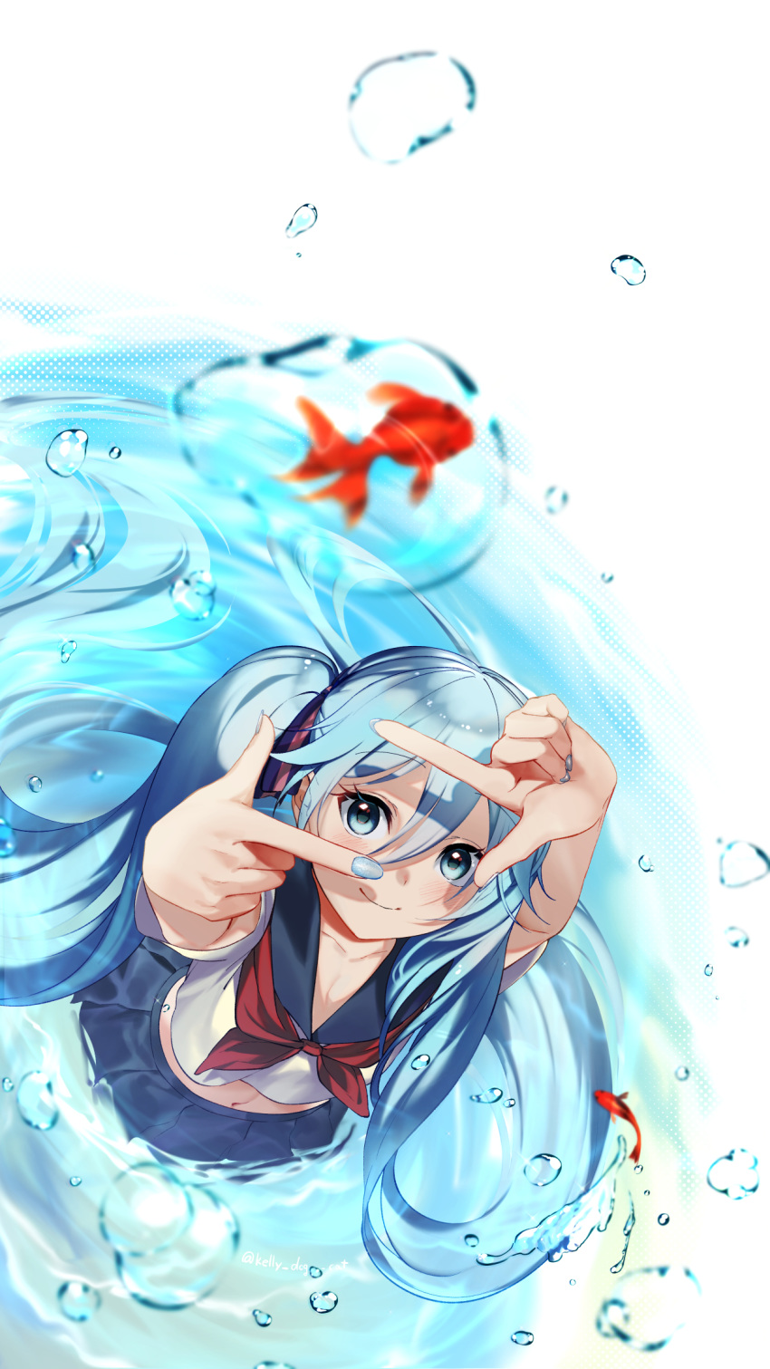 1girl blue_eyes blue_hair blue_skirt bottle_miku fish from_above goldfish hair_between_eyes hatsune_miku highres long_hair looking_up midriff navel nekokitsune0905 school_uniform serafuku skirt twintails vocaloid water