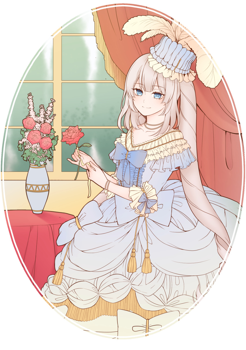 absurdres bangs blue_eyes closed_mouth curtains dress eyebrows eyebrows_visible_through_hair fate/grand_order fate_(series) flower hat highres holding holding_flower jewelry long_hair looking_at_viewer marie_antoinette_(fate/grand_order) necklace rose silver_hair smile standing twintails very_long_hair window
