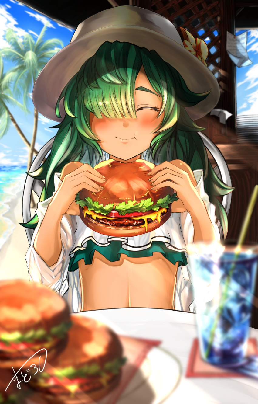 1girl absurdres beach beach_house blurry_foreground closed_eyes dark_skin eating flower food granblue_fantasy green_hair hair_over_one_eye hamburger hat hat_flower highres holding holding_food kolulu_(granblue_fantasy) nabeji_(wata_nb) ocean palm_tree swimsuit tree