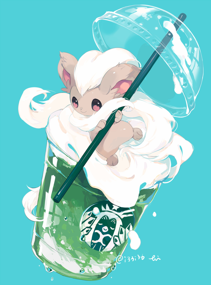 blue_background cinccino closed_mouth commentary_request cream cup disposable_cup full_body gen_5_pokemon hideko_(l33l3b) highres logo_parody no_humans oversized_object pokemon pokemon_(creature) simple_background smile solo starbucks twitter_username water_drop