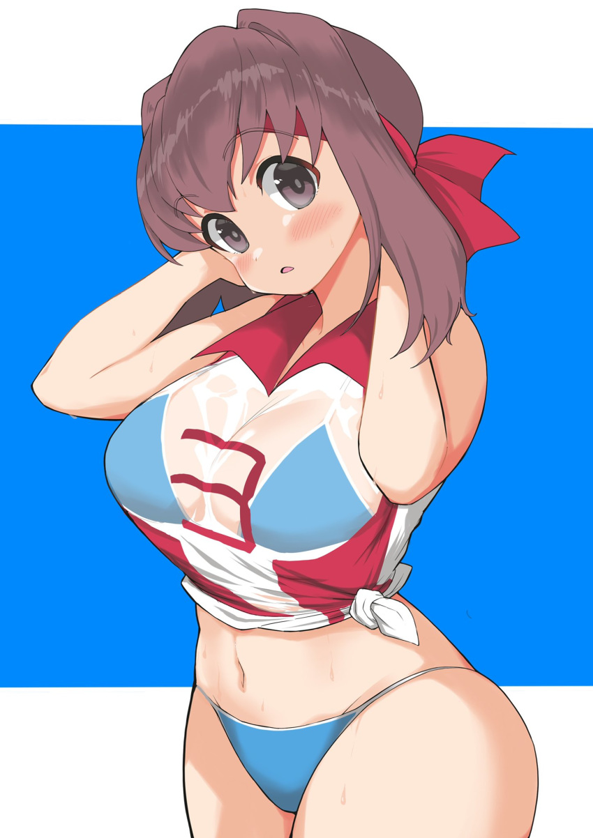 1girl :o bangs bikini bikini_under_clothes blue_bikini blush breasts brown_eyes brown_hair commentary cowboy_shot eyebrows_visible_through_hair girls_und_panzer hands_in_hair head_tilt highres kondou_taeko large_breasts looking_at_viewer medium_hair navel no_pants parted_lips red_shirt see-through shirt skindentation sleeveless sleeveless_shirt solo sportswear standing sweat swimsuit tied_shirt volleyball_uniform yabai_gorilla